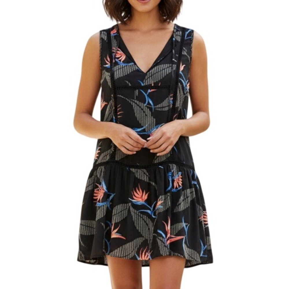 NWT ASHER By Fab'rik Lined LINCOLN DRESS Tropical Tie V-Neck Black/Multi Sz XS